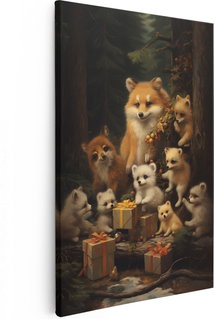 Artaza Canvas Schilderij Vossen Familie Met Kerst Cadeaus - Kerstmis - 80x120 - Groot - Foto Op Canvas - Wanddecoratie Woonkamer