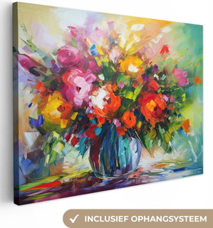 OneMillionCanvasses Canvas Schilderij 40x30 Cm - Wanddecoratie Bloemen - Kleurrijk - Bloempot - Olieverf - Muurdecoratie Woonkamer - Slaapkamer Decoratie - Kamer